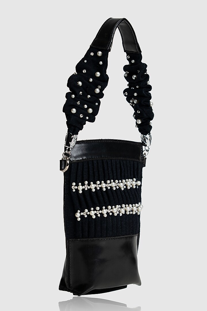 Black Denim Pearl Embellished Mobile Bag by House of D'oro at Pernia's Pop Up Shop