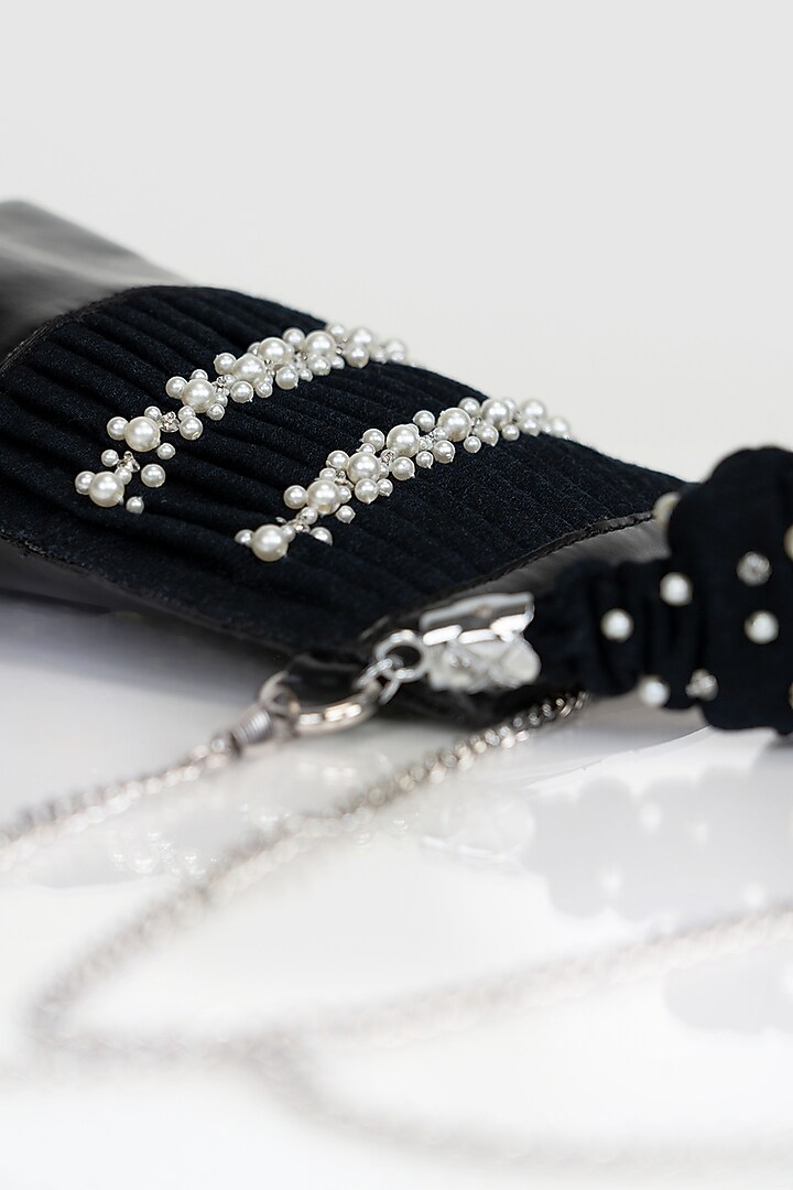 Black Denim Pearl Embellished Mobile Bag by House of D'oro at Pernia's Pop Up Shop