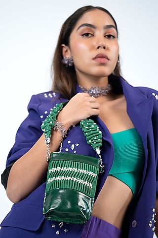 Green Denim Pearl Embellished Mobile Bag by House of D'oro
