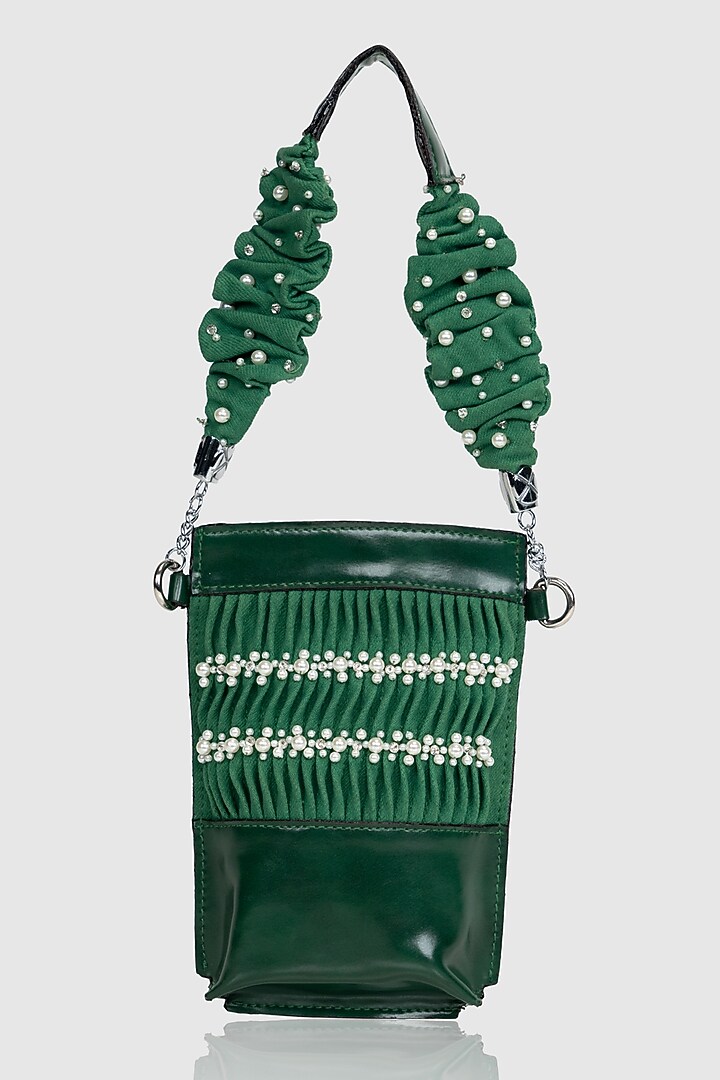 Green Denim Pearl Embellished Mobile Bag by House of D'oro at Pernia's Pop Up Shop
