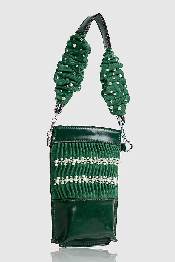Green Denim Pearl Embellished Mobile Bag by House of D'oro at Pernia's Pop Up Shop