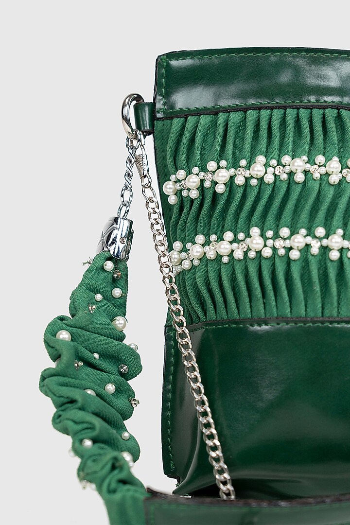 Green Denim Pearl Embellished Mobile Bag by House of D'oro at Pernia's Pop Up Shop