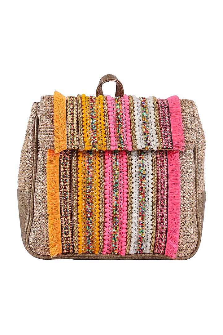 Dull Golden & Multi Colored Beaded Backpack by House of D'oro