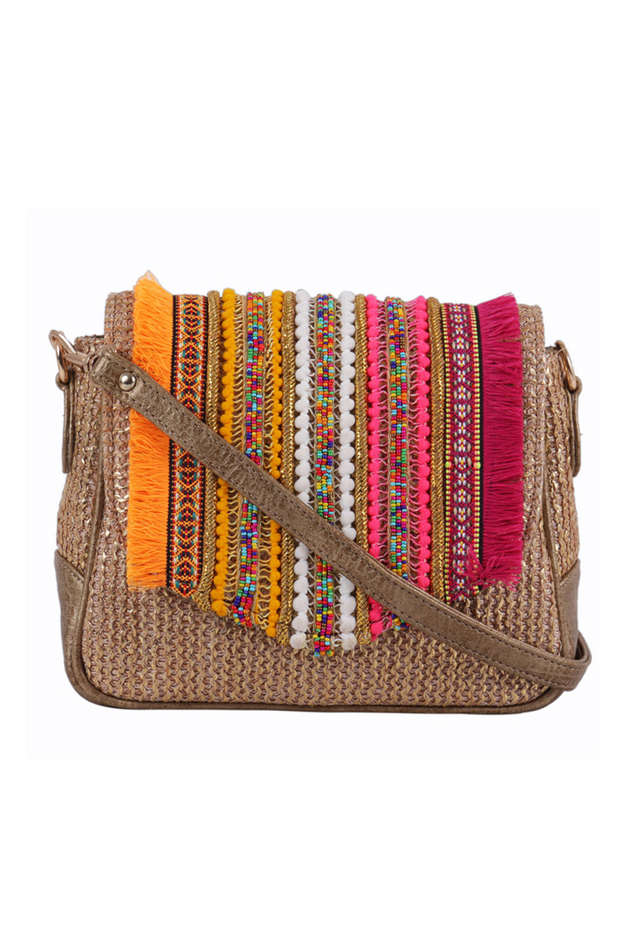 Dull Golden Beaded Sling Bag by House of D'oro