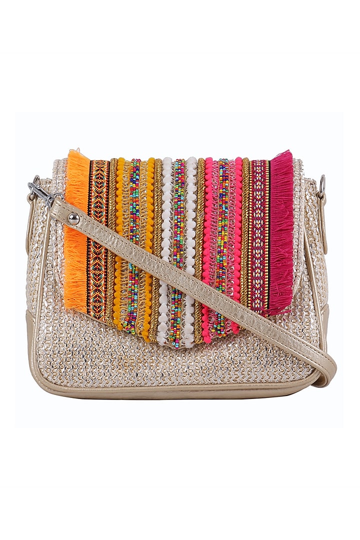 Silver Beaded Sling Bag by House of D'oro
