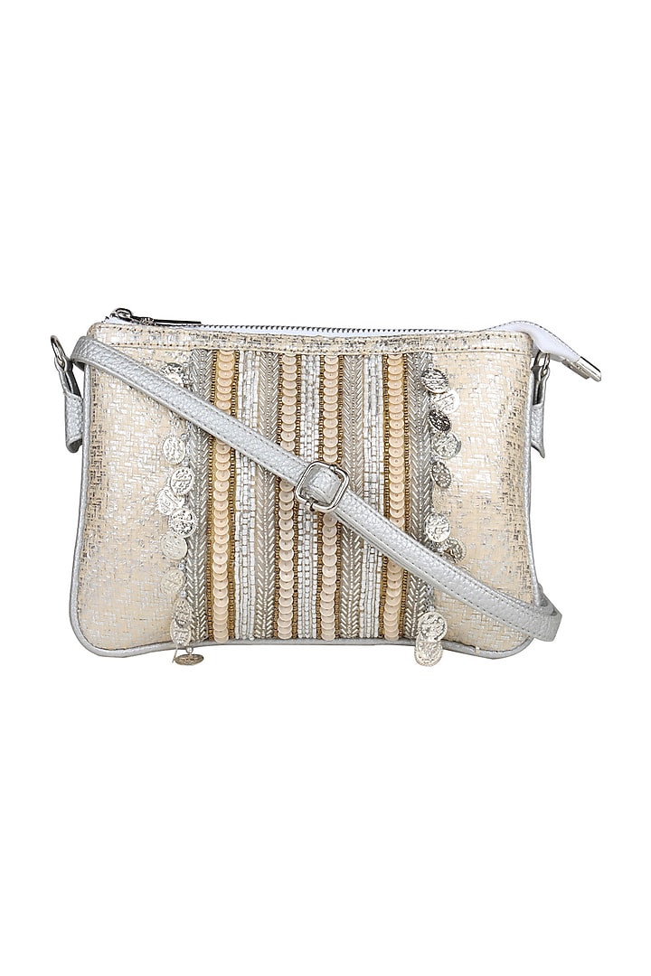 Silver Sequins Embellished Sling Bag by House of D'oro