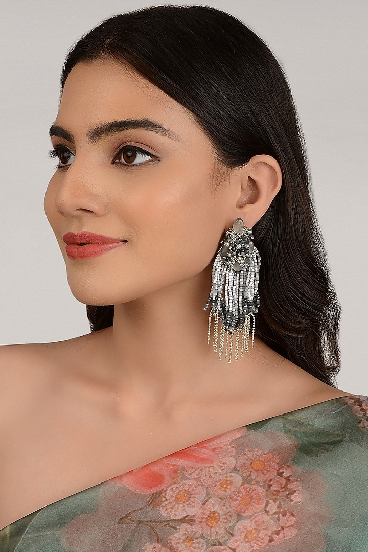 Gold Finish Grey & Silver Beaded Dangler Earrings by House of D'oro
