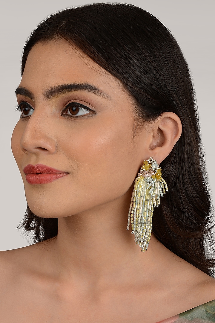 Gold Finish Multi-Colored Beaded Dangler Earrings by House of D'oro