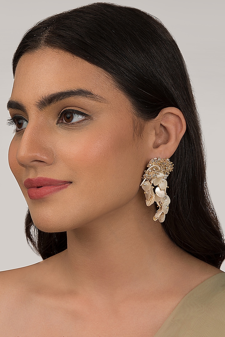 Gold Finish Shell & Crystal Stud Earrings by House of D'oro