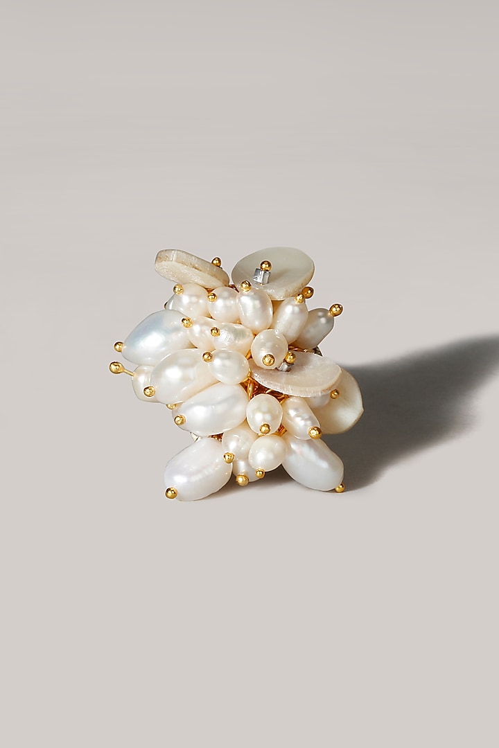 Gold Finish Pearl & Stone Ring by D'ORO Fashions