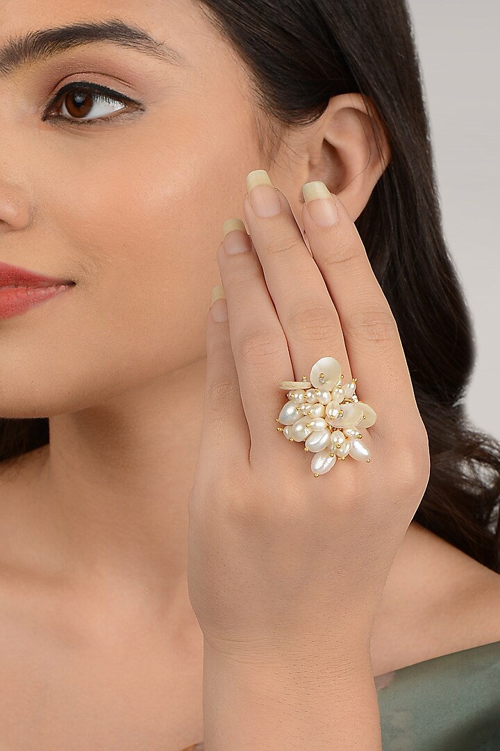 Gold Finish Pearl & Stone Ring by House of D'oro