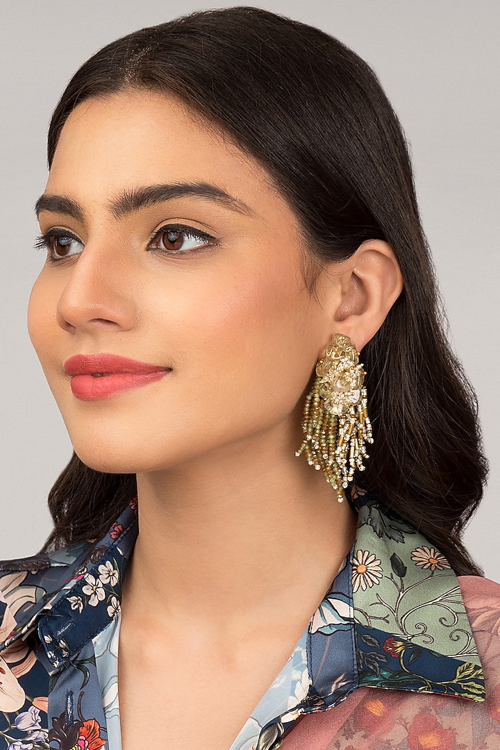 Gold Finish Olive Pearl Dangler Earrings by House of D'oro
