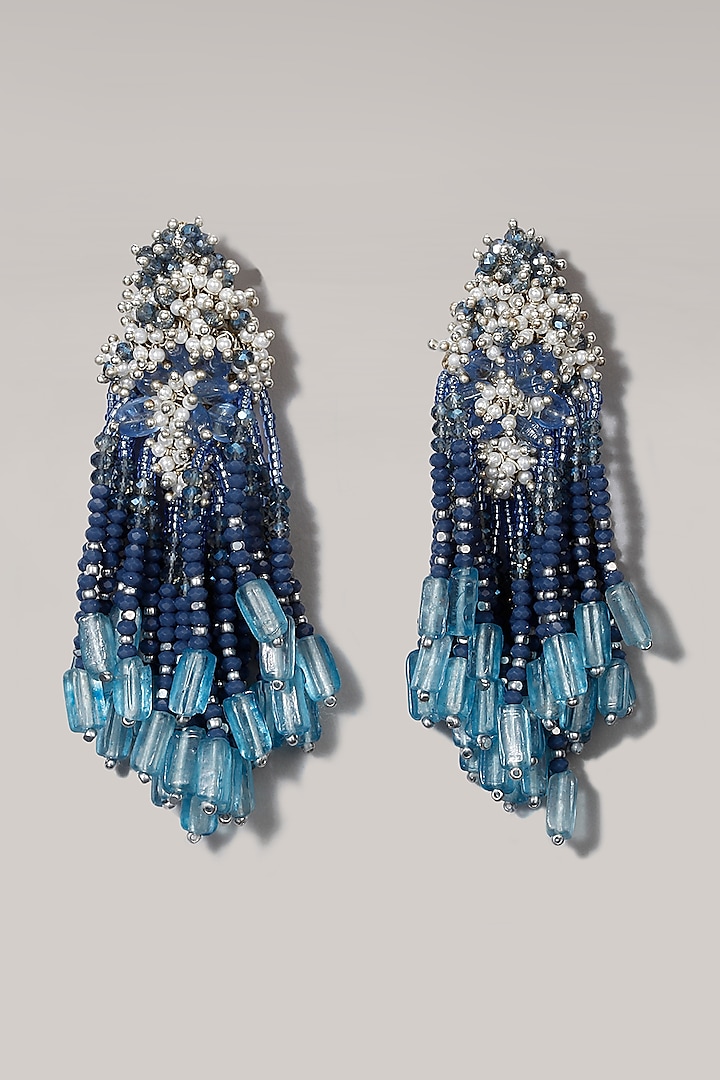 Gold Finish Cobalt Blue Pearl Dangler Earrings by D'Oro