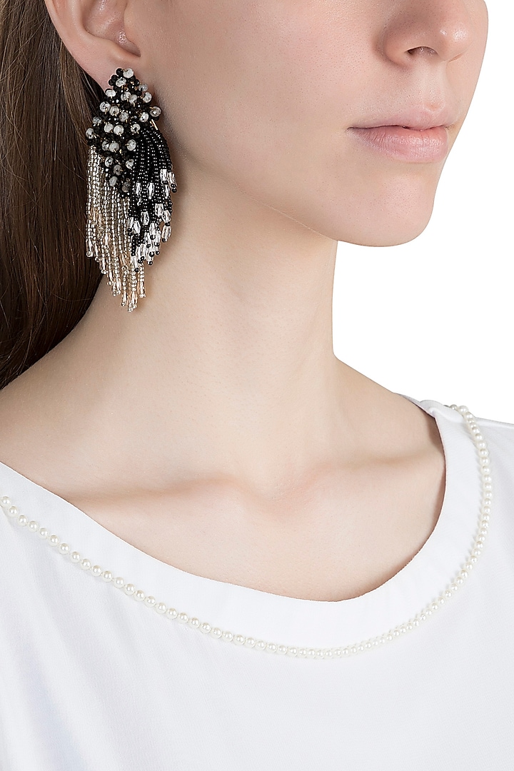 Gold Finish Semi-Precious Stone & Glass Bead Tassel Earrings by House of D'oro