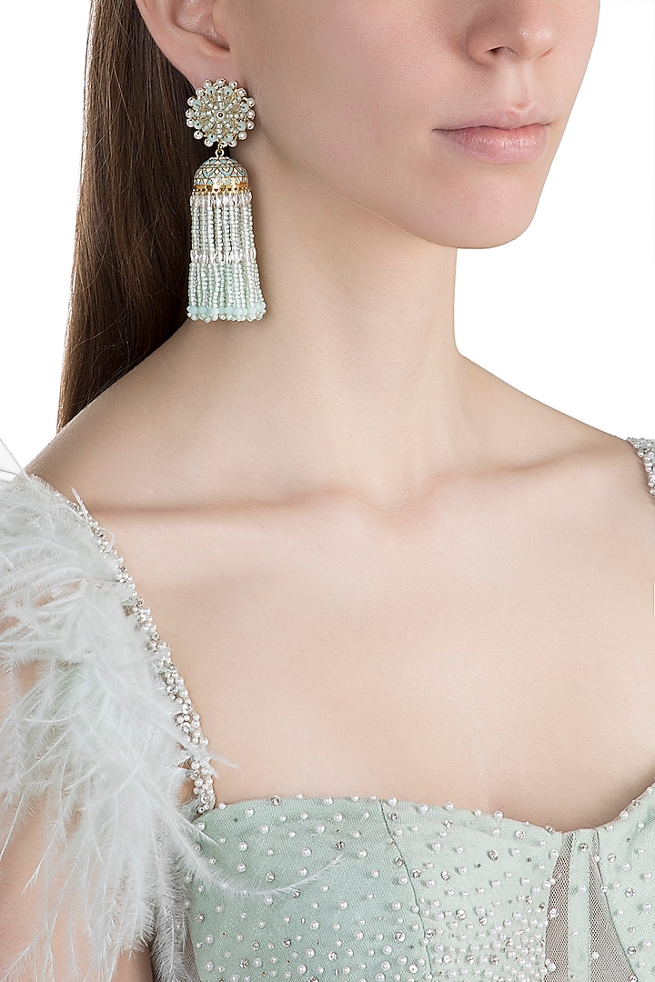 Gold Finish Handcrafted Aqua Blue Beaded Jhumka Earrings by House of D'oro