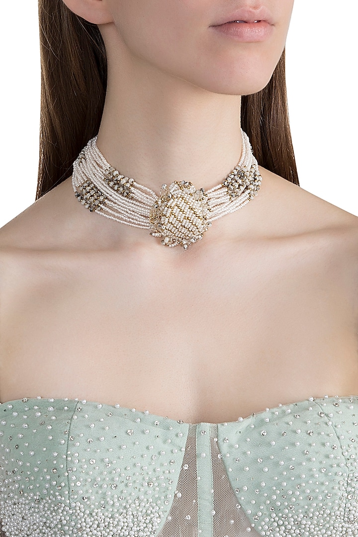 Gold Finish Handcrafted Pearl Choker Necklace by House of D'oro