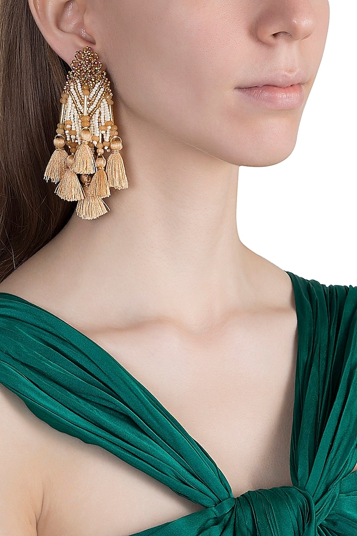 Gold Finish Beaded & Thread Fringe Earrings by House of D'oro