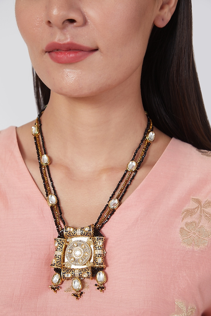 Gold Finish Kundan Polki Necklace by House of D'oro