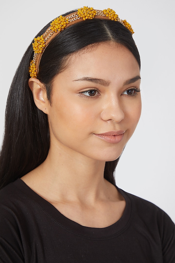Gold Finish Handcrafted Hairband With Semi Precious Stone by House of D'oro
