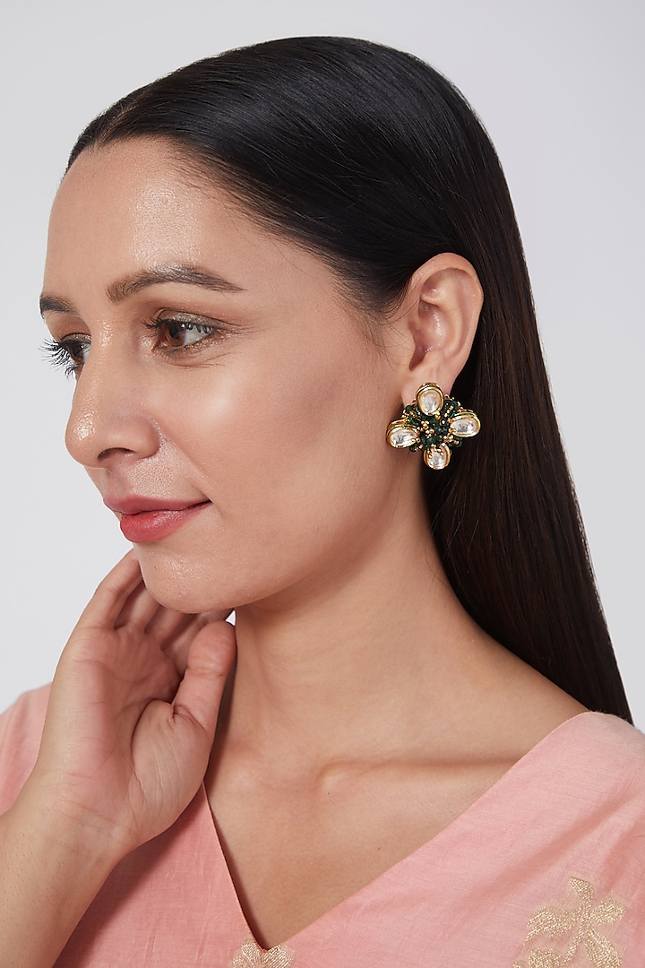 Gold Finish Handcrafted Kundan Polki Earrings by House of D'oro