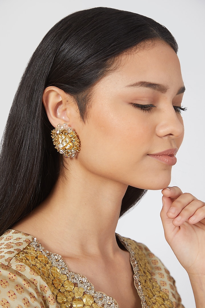 Gold Finish Handcrafted Kundan Polki Stud Earrings by House of D'oro
