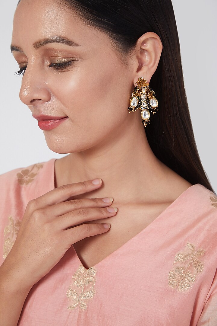 Gold Finish Kundan Polki Handcrafted Earrings by House of D'oro