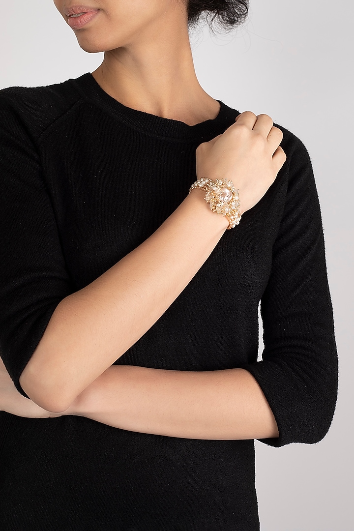 Gold Finish Mother Of Pearls Choker Necklace Set by House of D'oro at Pernia's Pop Up Shop