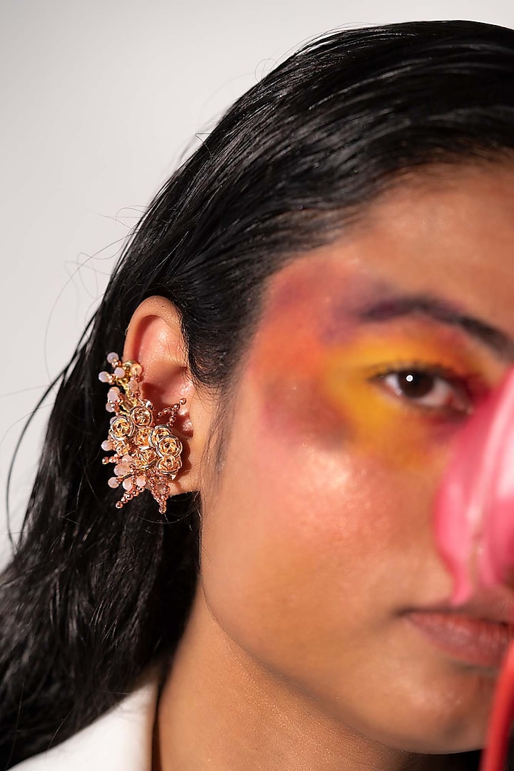 Rose Gold Finish Coral Stone Floral Stud Earrings by House of D'oro at Pernia's Pop Up Shop