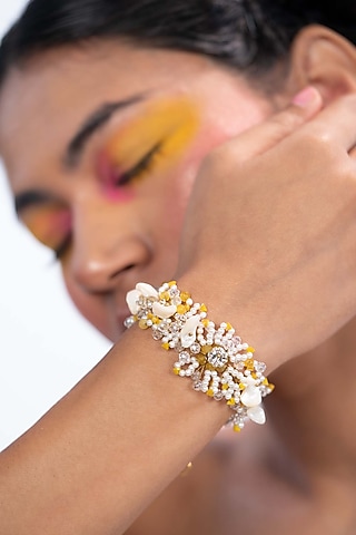 Gold Finish Yellow Bead & Crystal Handcrafted Bracelet by House of D'oro