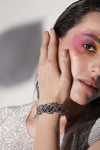 White Finish Crystal & Silver Bead Handcrafted Floral Bracelet by House of D'oro