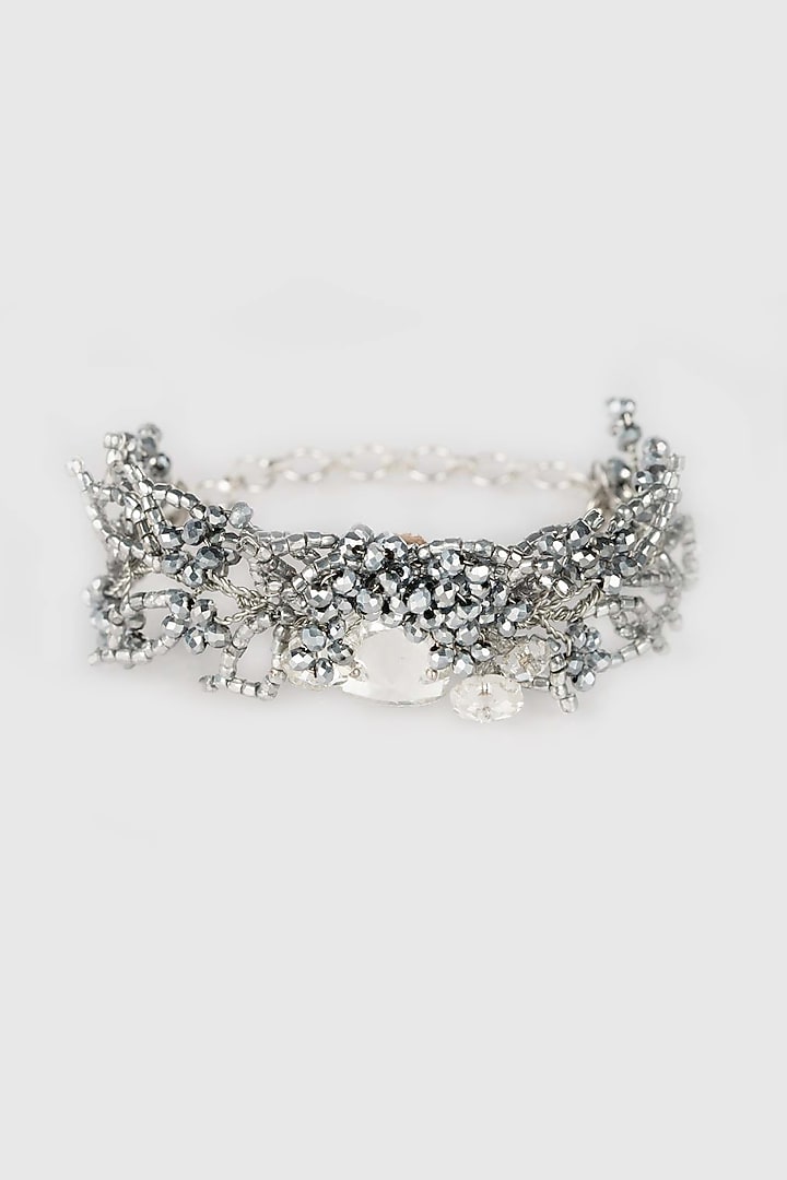 White Finish Crystal & Silver Bead Handcrafted Floral Bracelet by House of D'oro at Pernia's Pop Up Shop