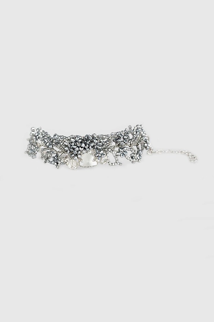 White Finish Crystal & Silver Bead Handcrafted Floral Bracelet by House of D'oro at Pernia's Pop Up Shop