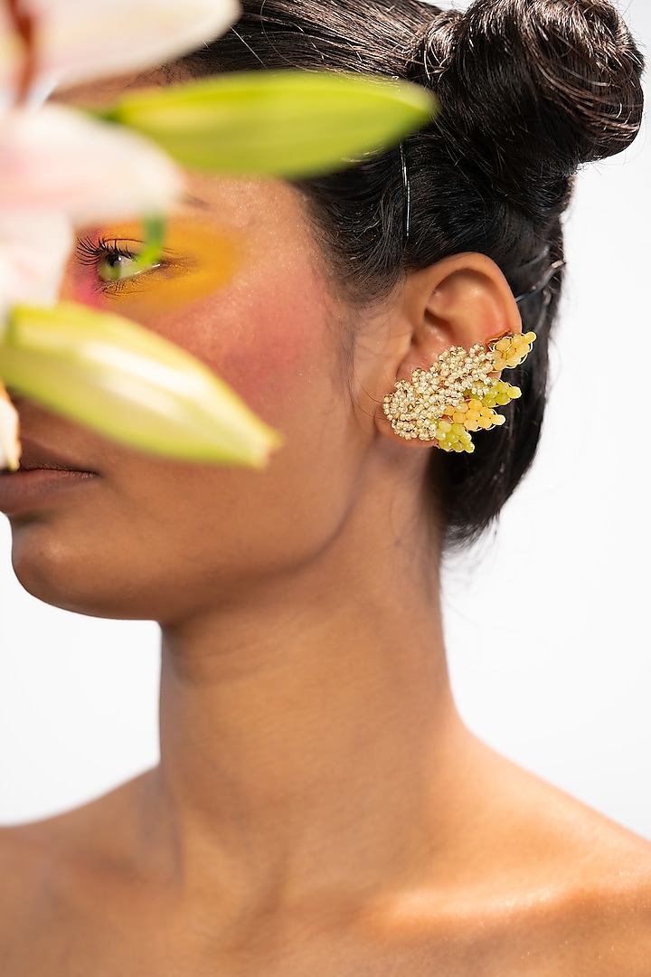 Gold Finish Yellow & Lime Green Crystal Bead Stud Earrings by House of D'oro at Pernia's Pop Up Shop