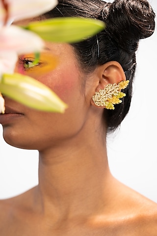 Gold Finish Yellow & Lime Green Crystal Bead Stud Earrings by House of D'oro