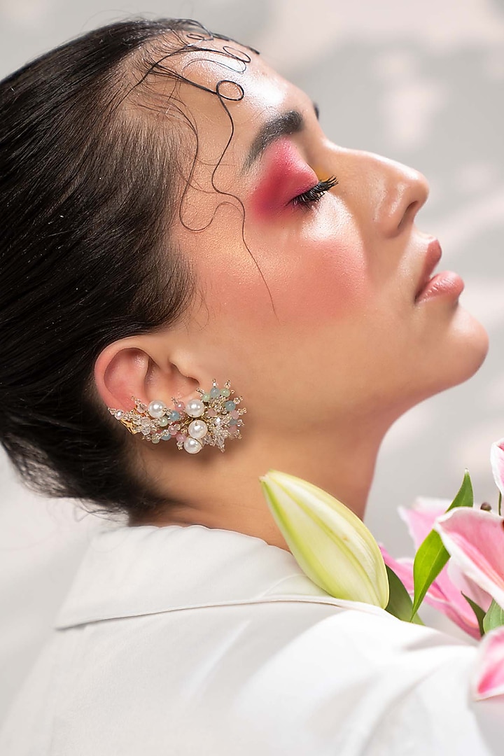 Gold Finish Pearl & Crystal Stud Earrings by House of D'oro at Pernia's Pop Up Shop