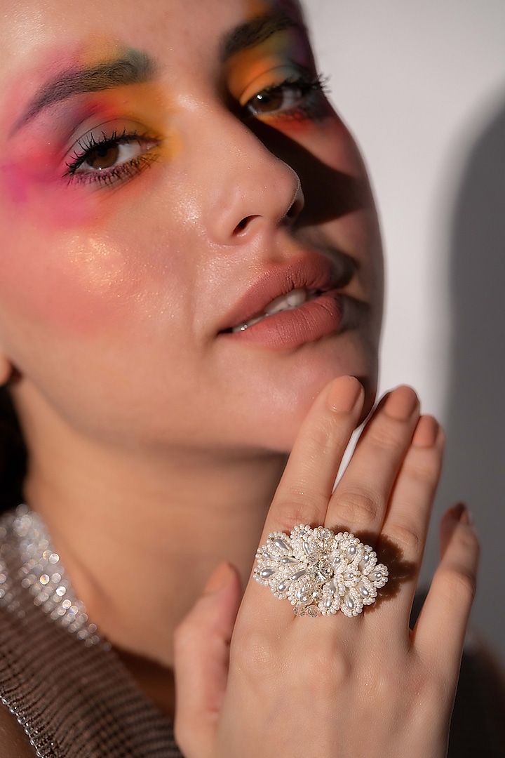 White Finish Beaded & Pearl Floral Ring by House of D'oro at Pernia's Pop Up Shop