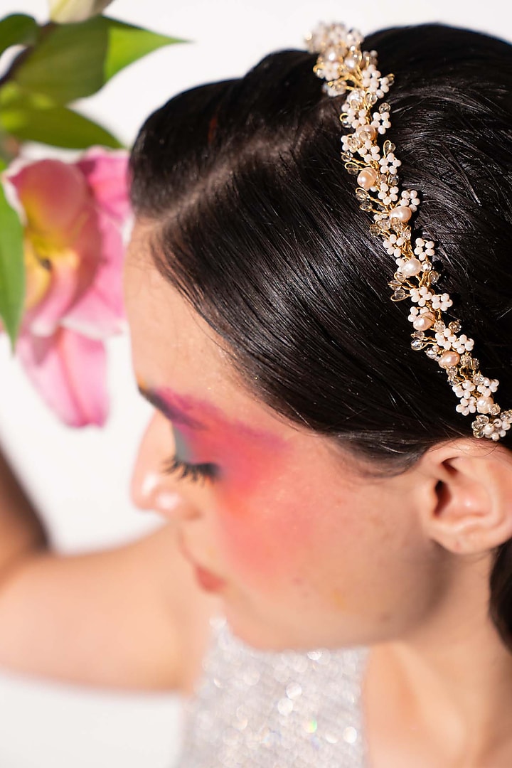 Gold Finish Peach Semi-Precious Stone Headgear by House of D'oro at Pernia's Pop Up Shop