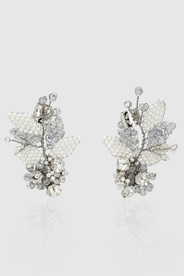 Gold Finish White Pearl & Beaded Leaf Stud Earrings by House of D'oro at Pernia's Pop Up Shop