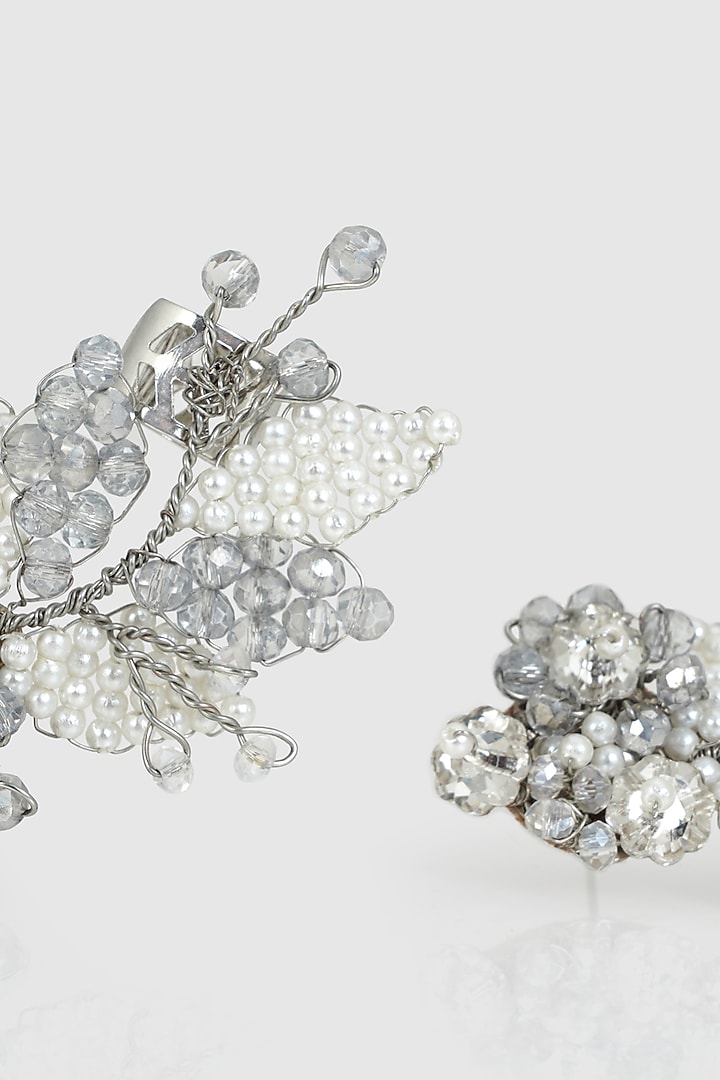 Gold Finish White Pearl & Beaded Leaf Stud Earrings by House of D'oro at Pernia's Pop Up Shop