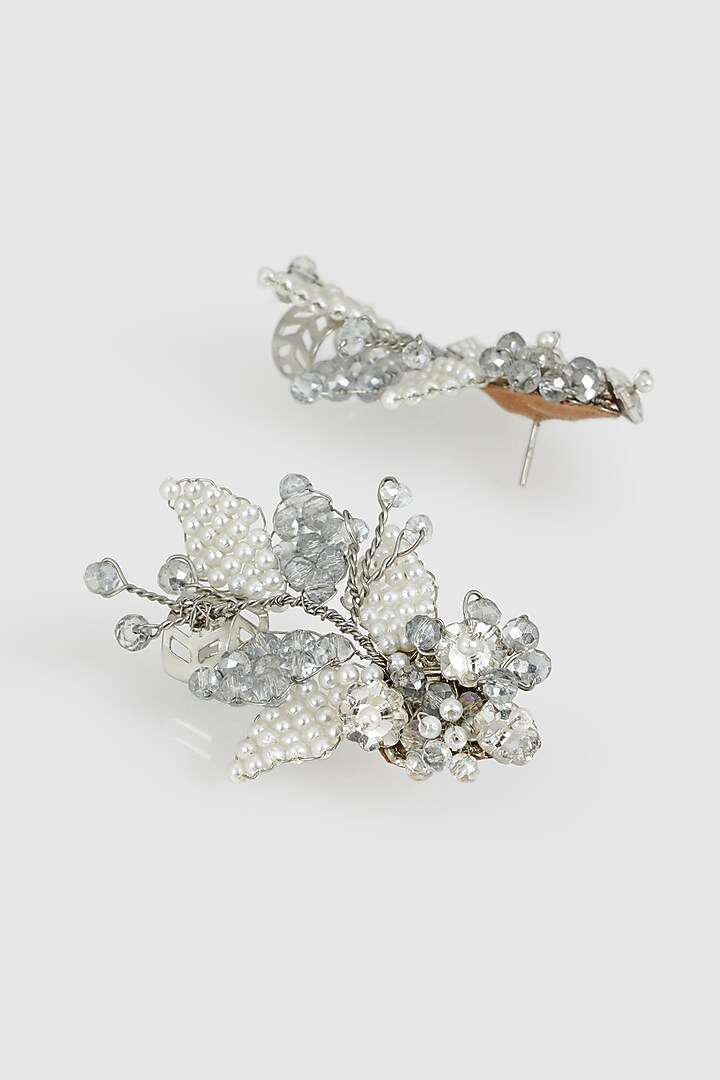 Gold Finish White Pearl & Beaded Leaf Stud Earrings by House of D'oro at Pernia's Pop Up Shop