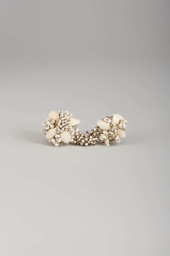 Gold Finish Pearl & White Stone Floral Ring by House of D'oro at Pernia's Pop Up Shop