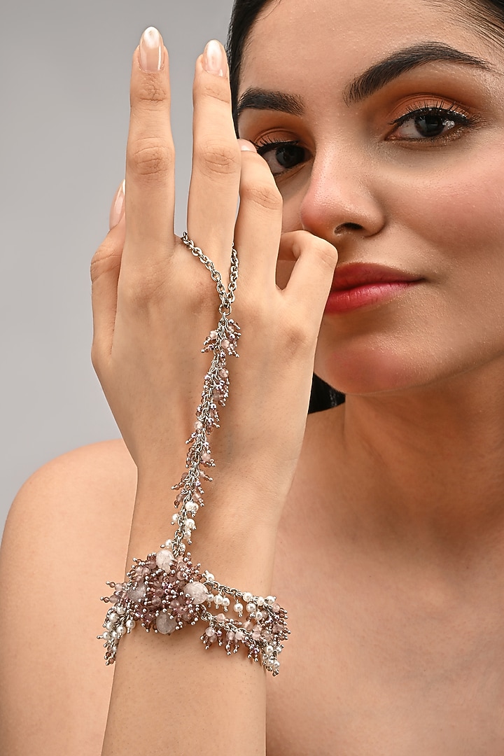 Gold Finish Pink Crystal & Pearl Handcrafted Hand Harness by House of D'oro at Pernia's Pop Up Shop
