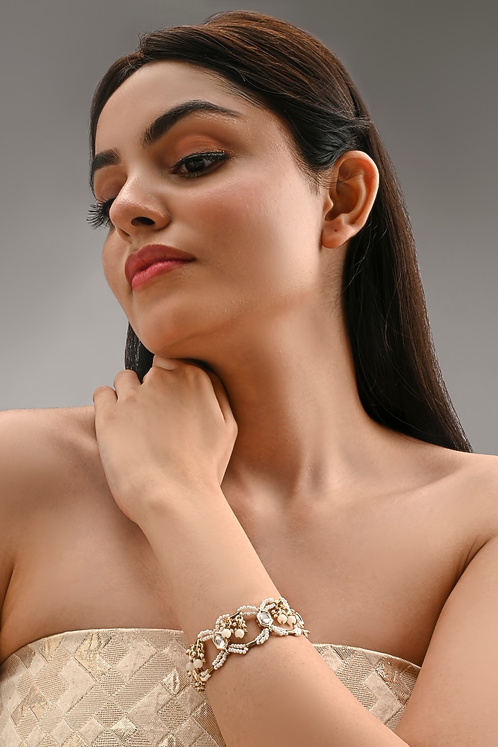Gold Finish Pearl & Kundan Beaded Handcrafted Bracelet by House of D'oro at Pernia's Pop Up Shop