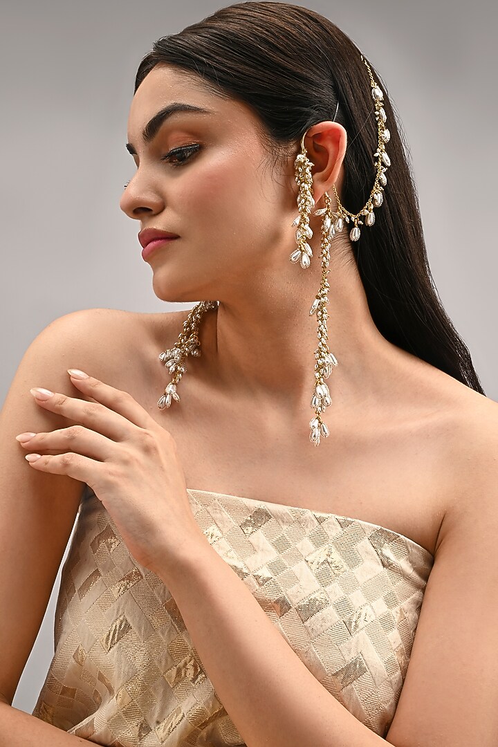 Gold Finish Pearl Drop Earchains by House of D'oro at Pernia's Pop Up Shop