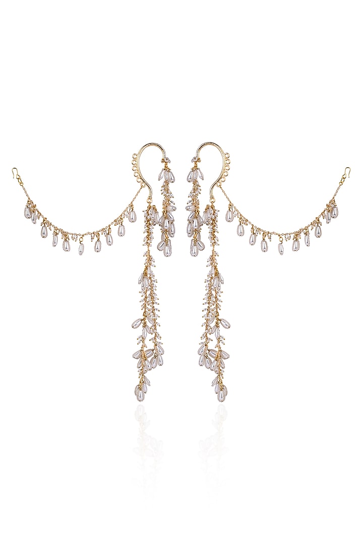Gold Finish Pearl Drop Earchains by House of D'oro at Pernia's Pop Up Shop