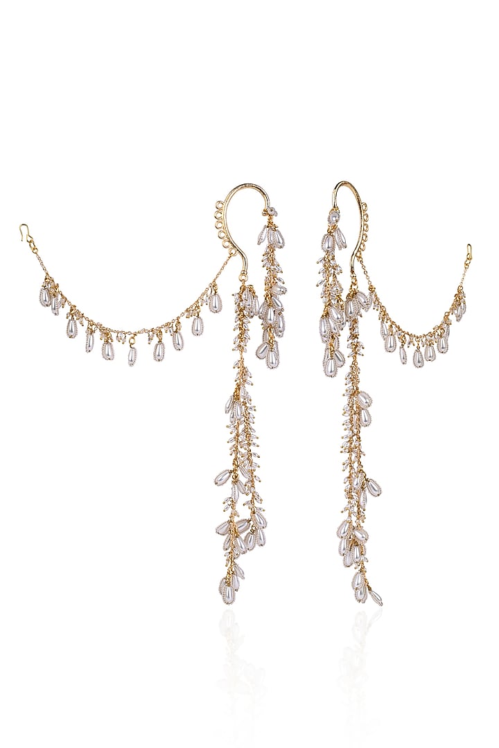 Gold Finish Pearl Drop Earchains by House of D'oro at Pernia's Pop Up Shop