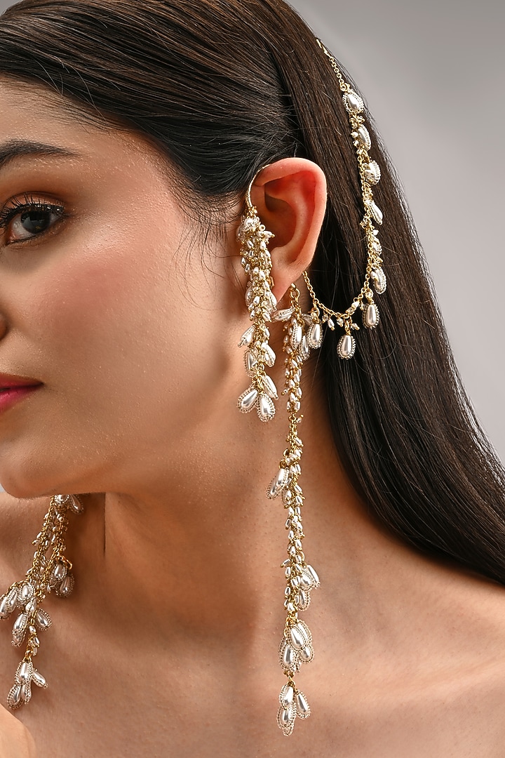 Gold Finish Pearl Drop Earchains by House of D'oro at Pernia's Pop Up Shop