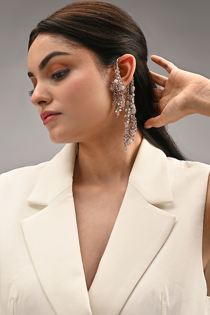 Silver Finish Lilac Crystal & Pink Beaded Earcuffs by House of D'oro at Pernia's Pop Up Shop