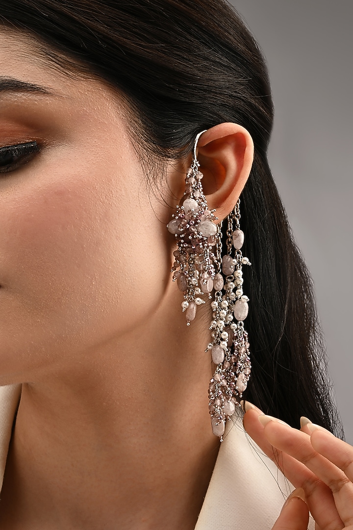 Silver Finish Lilac Crystal & Pink Beaded Earcuffs by House of D'oro at Pernia's Pop Up Shop