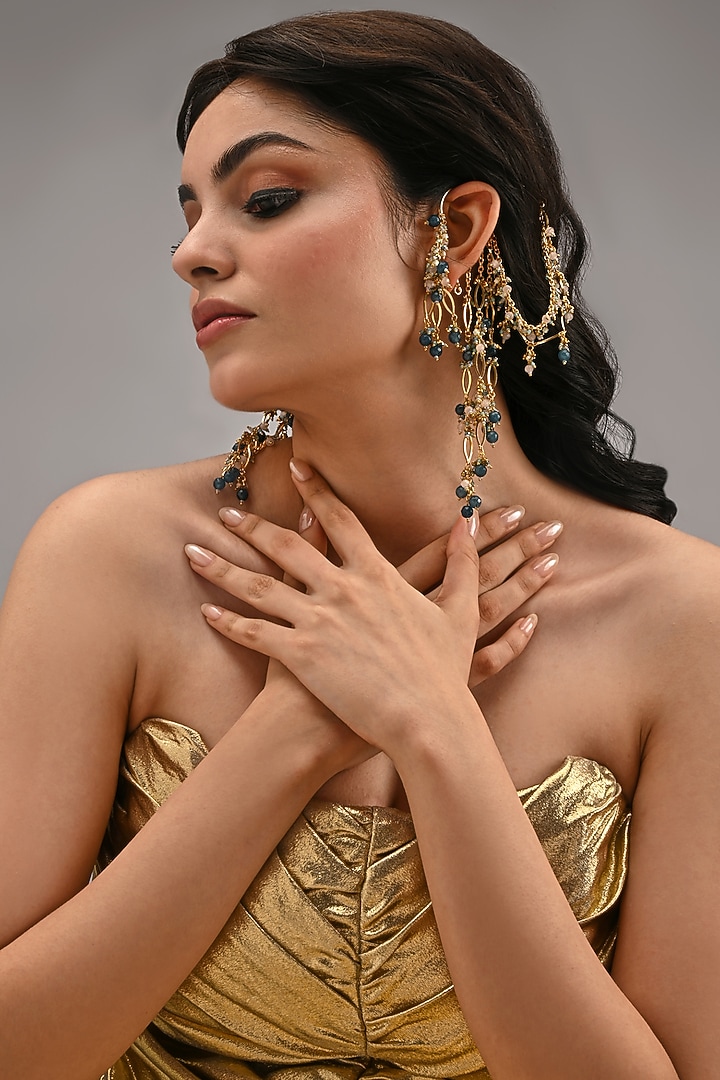 Gold Finish Navy Blue Beaded Earchains by House of D'oro at Pernia's Pop Up Shop